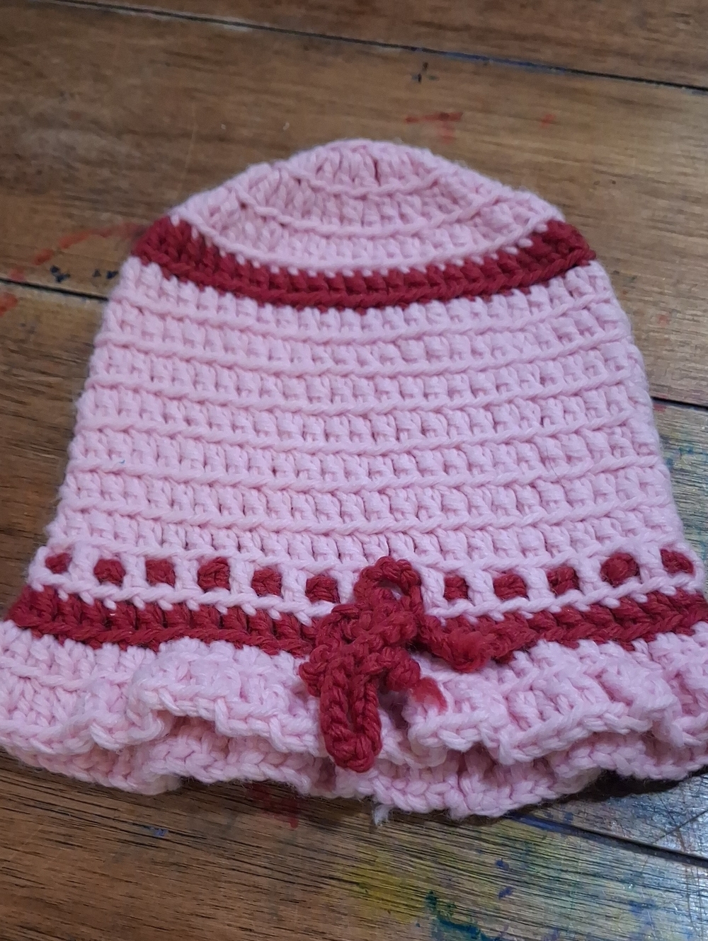 Handmade Pink & Red Crochet Kids Beanie